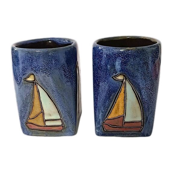 2 Mara Mexico Sailboat Mugs Cups Handmade Pottery Coastal Beach House Nautical - Picture 10 of 16